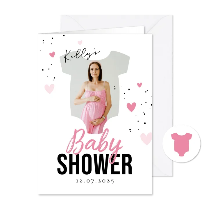 Uitnodiging roze babyshower rompertje foto hartjes