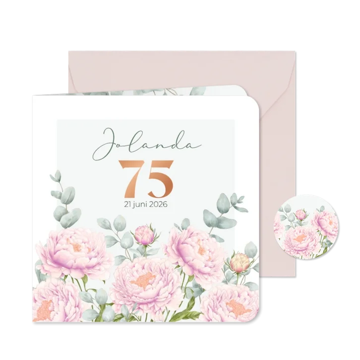 Uitnodiging roze pioenrozen met eucalyptus