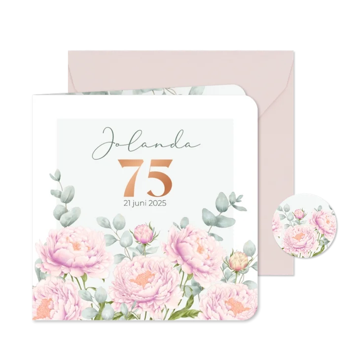 Uitnodiging roze pioenrozen met eucalyptus