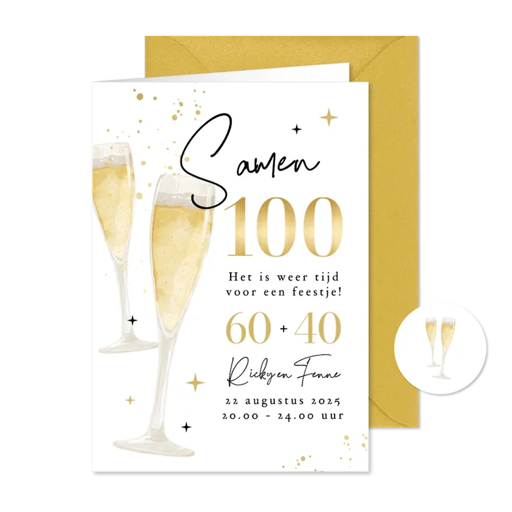 Uitnodiging samen 100 feestje champagne goud bubbels