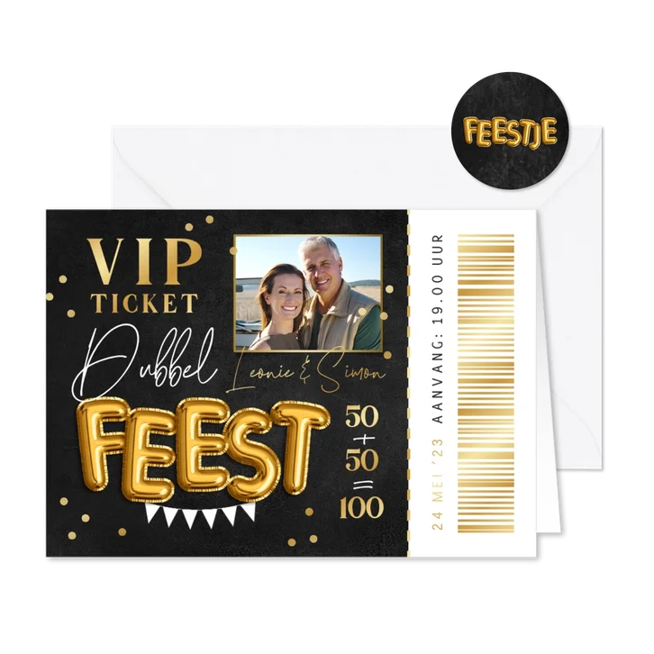 Uitnodiging samen 100 VIP ticket krijtbord goud confetti