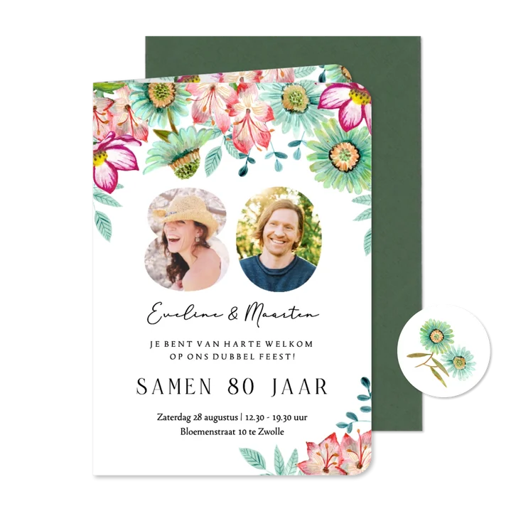 Uitnodiging samen 80 jaar met bloemen en foto’s