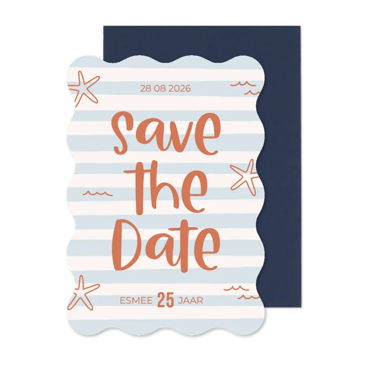 Uitnodiging save the date blauw wit gestreept golf