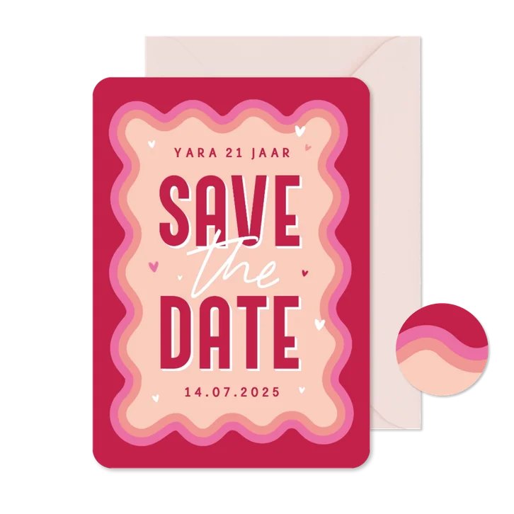 Uitnodiging save the date groovy hip verjaardag roze hartjes