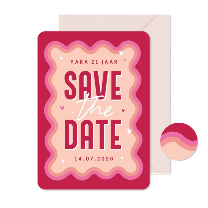 Uitnodiging save the date groovy hip verjaardag roze hartjes