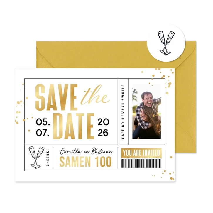 Uitnodiging save the date ticket goud samen 100 feestje 