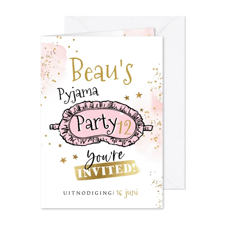 Uitnodiging slaapfeest 'Pyjama Party' slaapmasker goudlook
