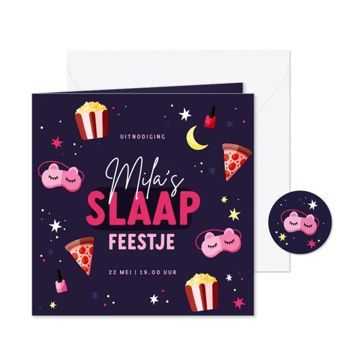 Uitnodiging slaapfeestje slaapmaskers make up en sterren