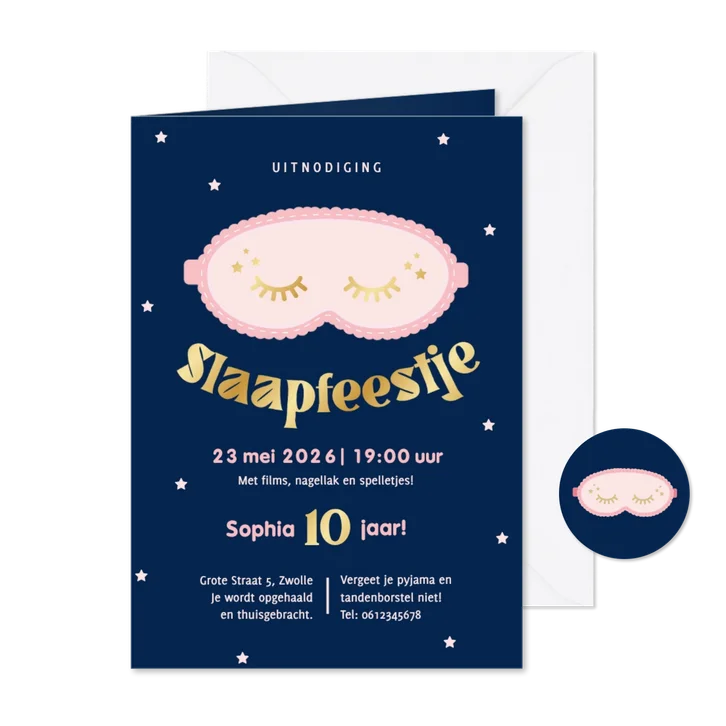 Uitnodiging slaapmasker voor een kinderfeestje donkerblauw
