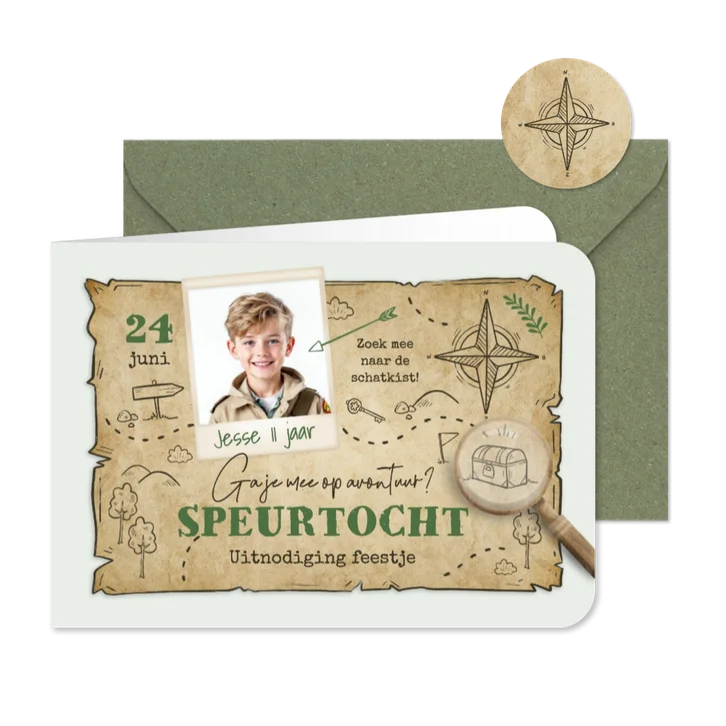 Uitnodiging speurtocht feestje schatkist zoeken landkaart