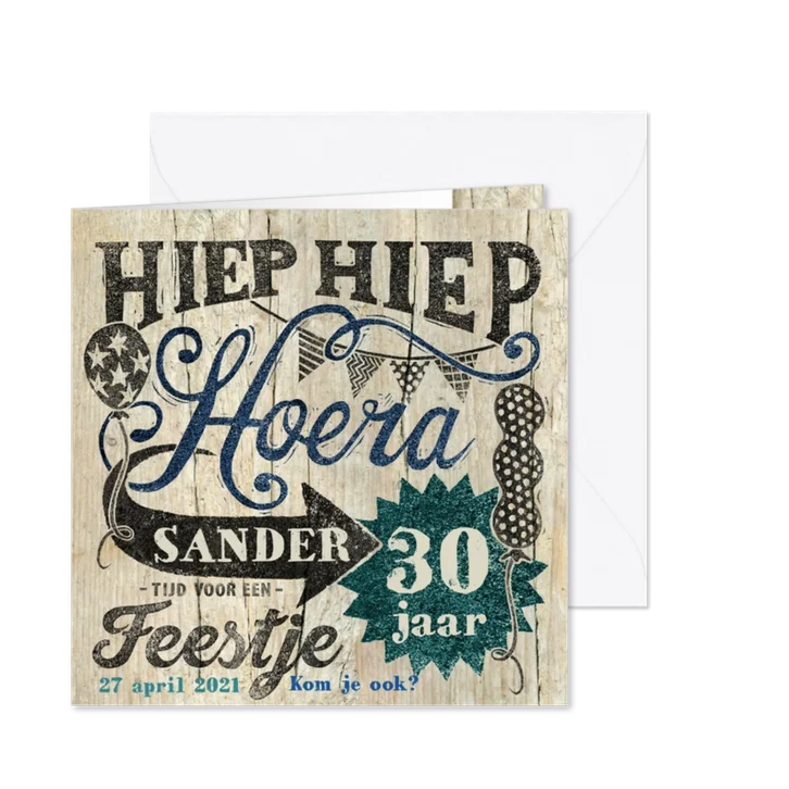 uitnodiging stempel hoera ballon blauw
