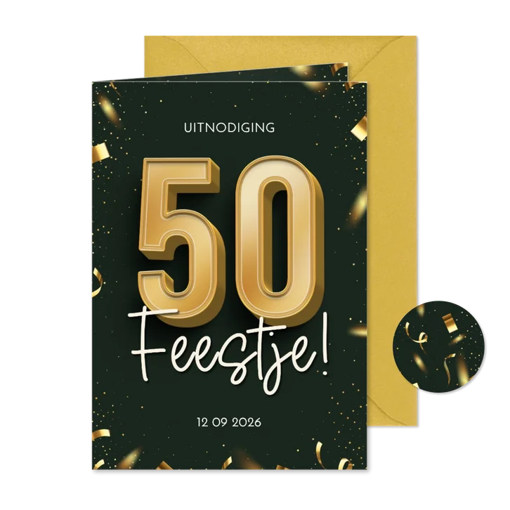 Uitnodiging stijlvol 50 goud confetti feestje groen