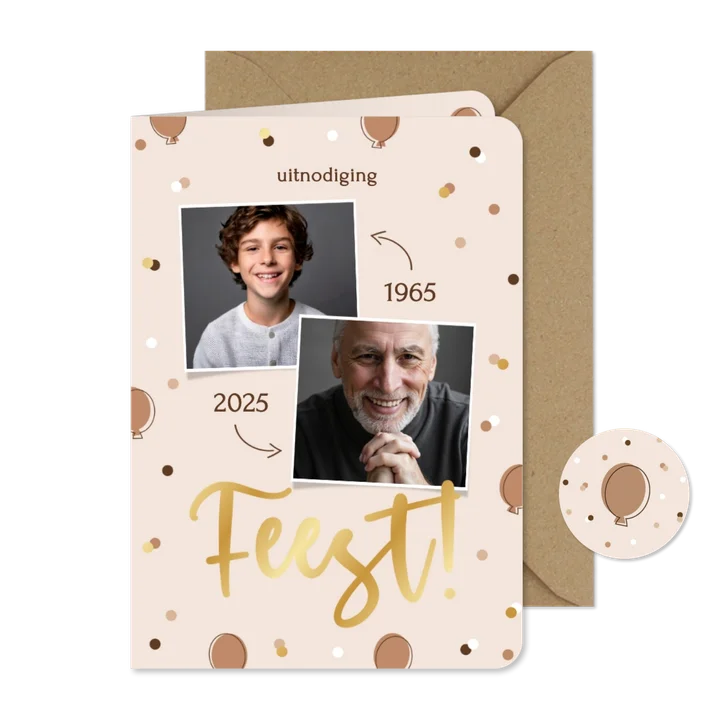 Uitnodiging stijlvol ballonnen beige confetti goud feest