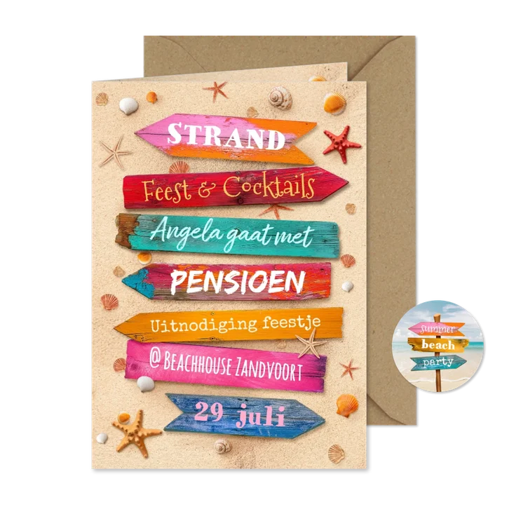 Uitnodiging strand feest beach party pensioen wegwijzers