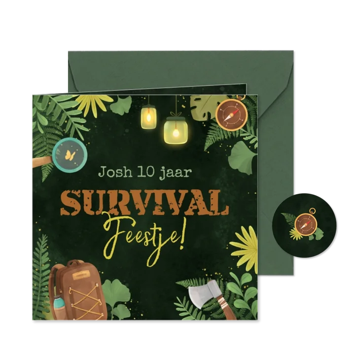 Uitnodiging survival feestje stoer expeditie scouting