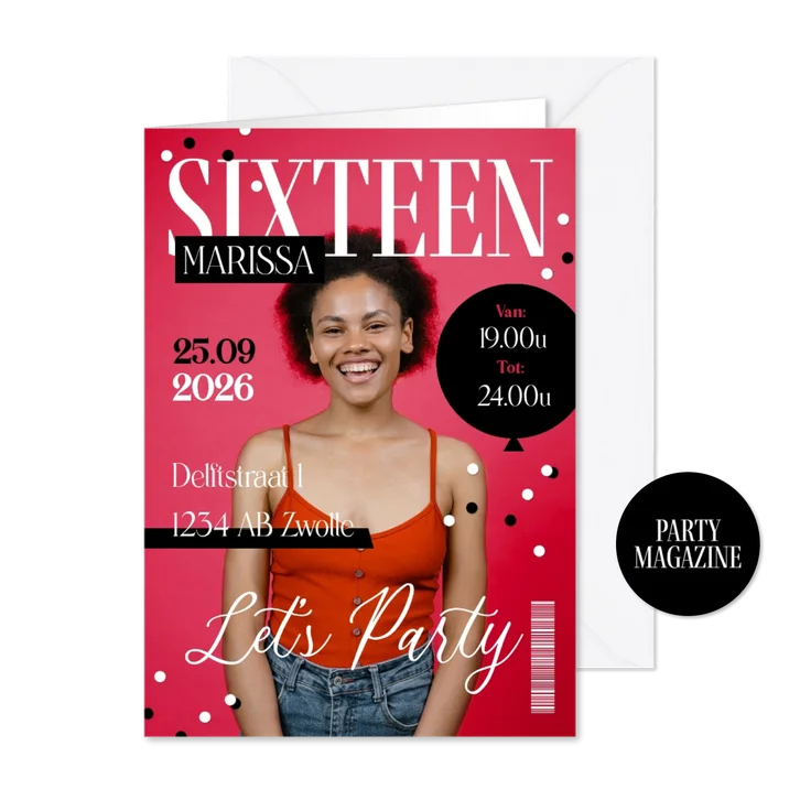 Uitnodiging sweet 16 magazine cover foto confetti feestje