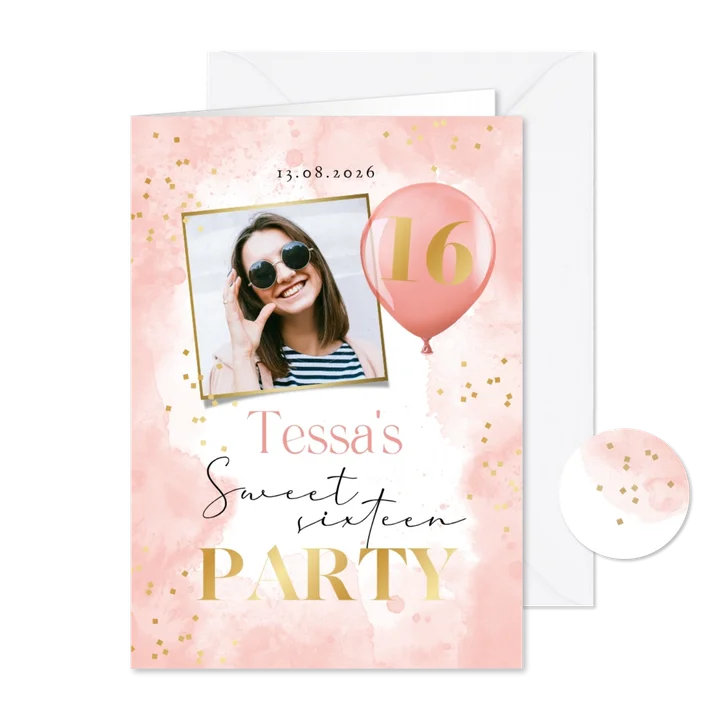 Uitnodiging sweet 16 party foto waterverf ballon confetti