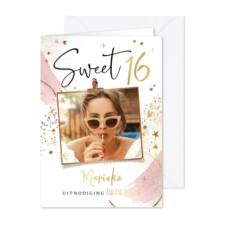 Uitnodiging Sweet 16 sterren goud watercolour