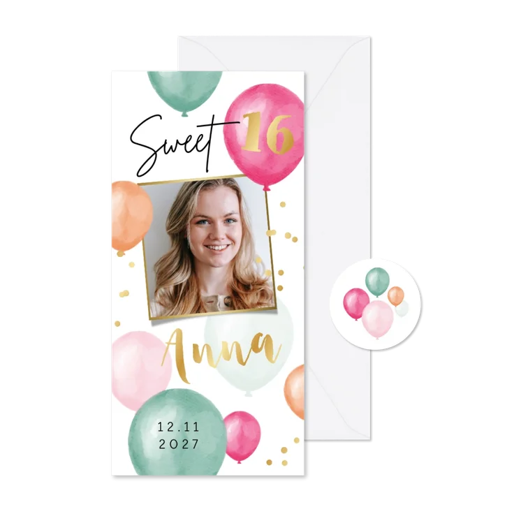 Uitnodiging Sweet 16 verjaardag watercolour ballonnen foto