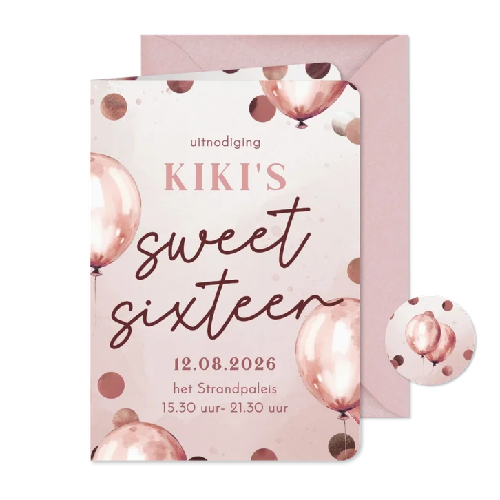 Uitnodiging sweet sixteen roze ballonnen en confetti