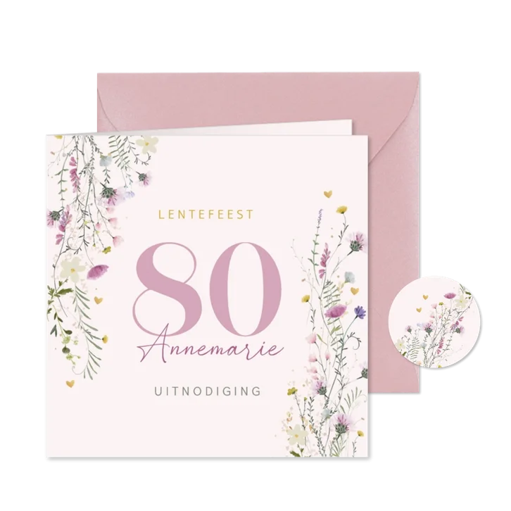 Uitnodiging tachtig jaar met lente bloemen en hartjes