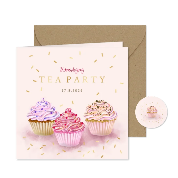 Uitnodiging tea party met cupcakes