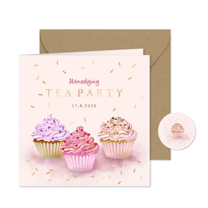 Uitnodiging tea party met cupcakes