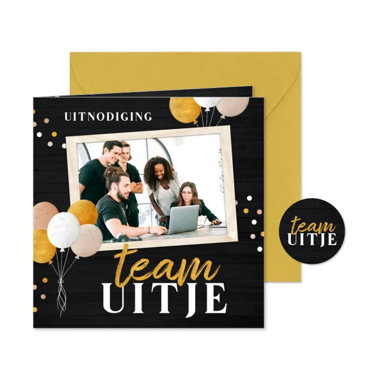 Uitnodiging teamuitje met ballonnen confetti en foto