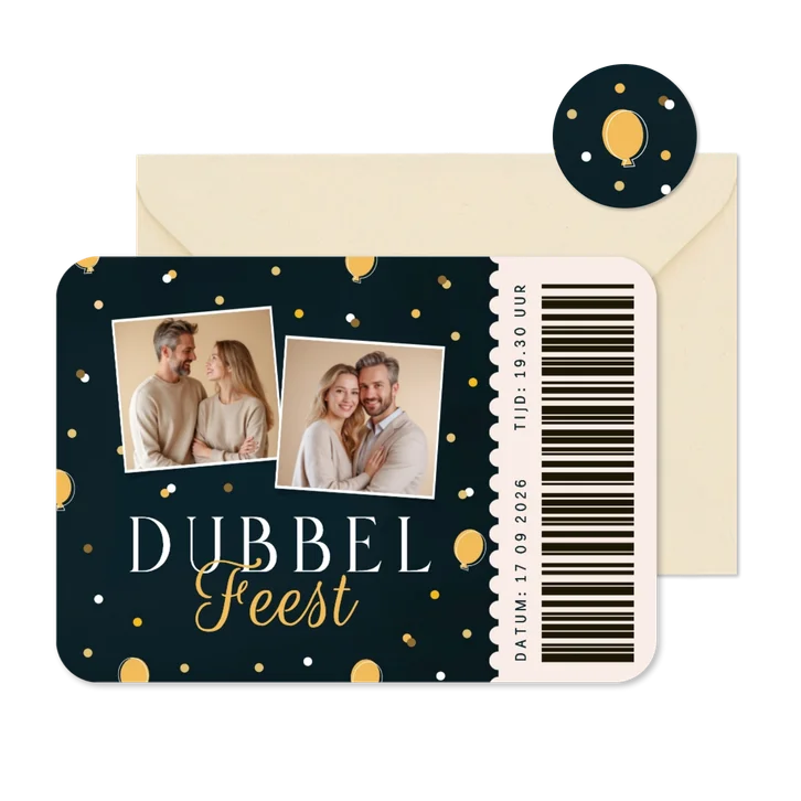 Uitnodiging ticket ballon confetti twee foto's dubbel feest