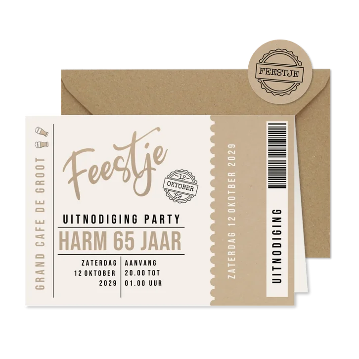 Uitnodiging ticket beige en kraftlook