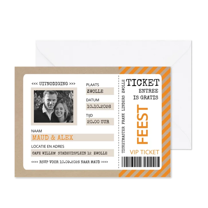Uitnodiging ticket oranje met kraftlook