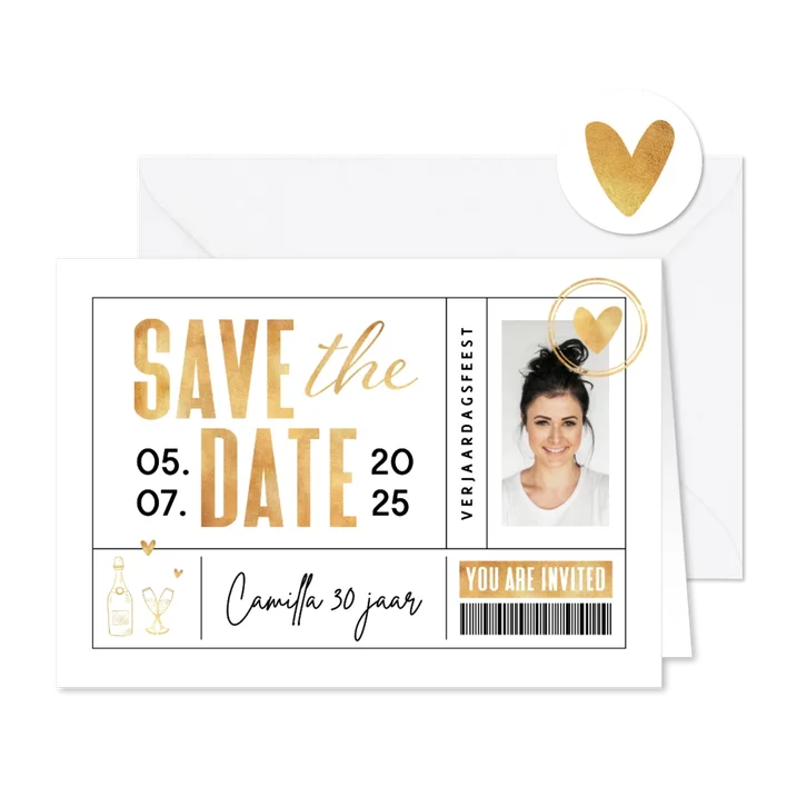 Uitnodiging ticket save the date goud met foto