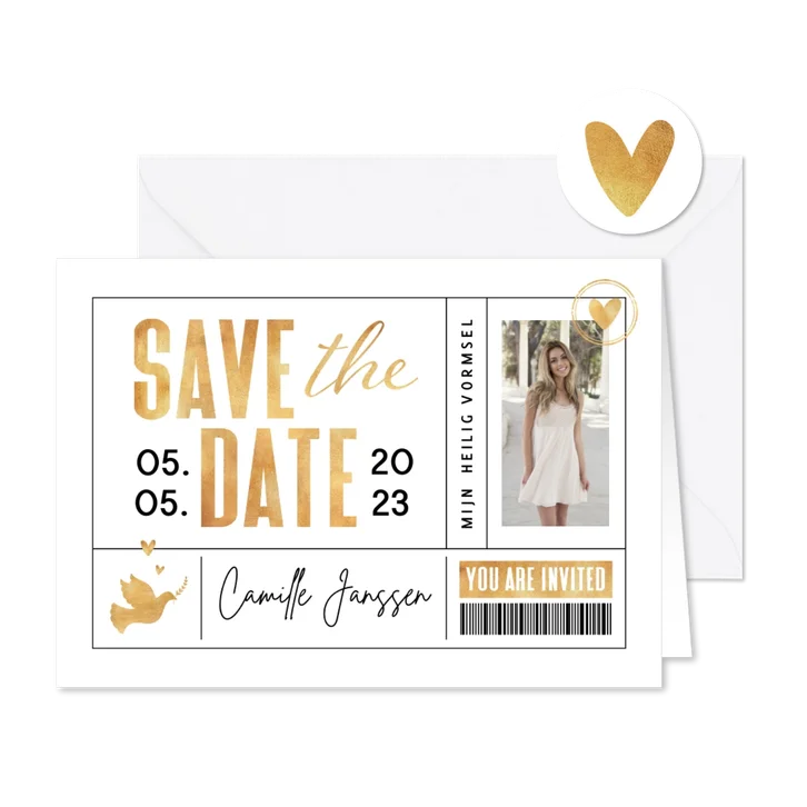 Uitnodiging ticket vormsel goud met foto