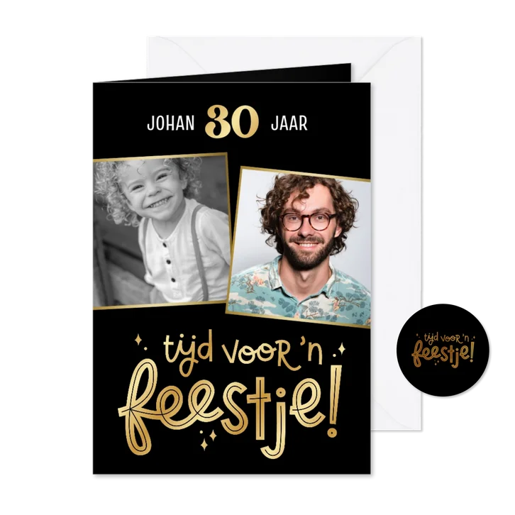 Uitnodiging tijd voor 'n feestje met twee foto's en folie