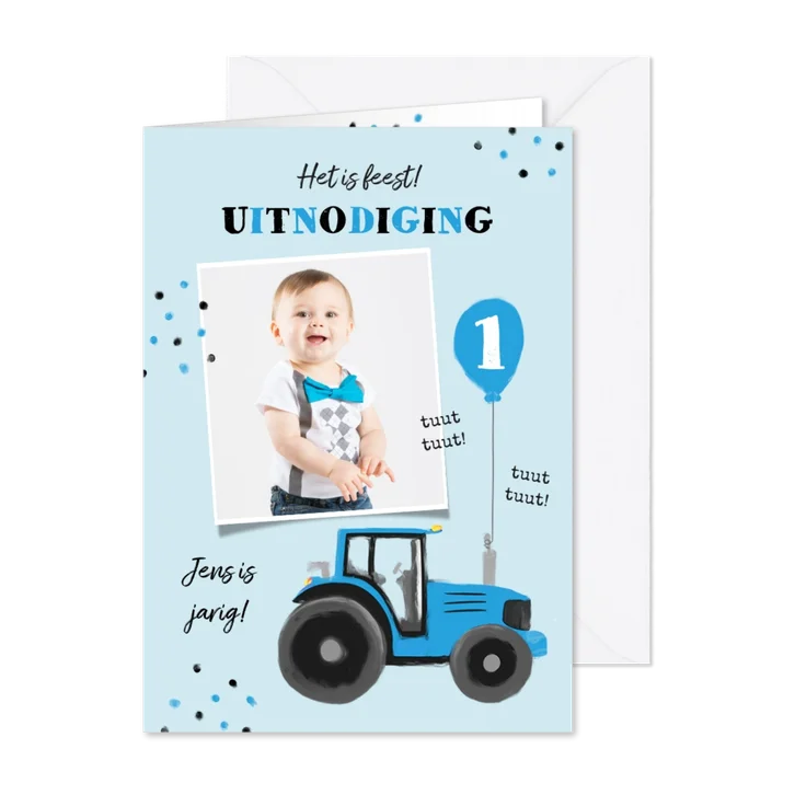 Uitnodiging tractor confetti blauw jongen ballon