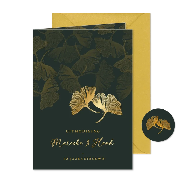 Uitnodiging trouwdag ginkgoblaadjes goud