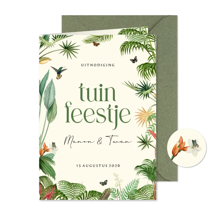 Uitnodiging tuin feestje met tropische planten en vlinders