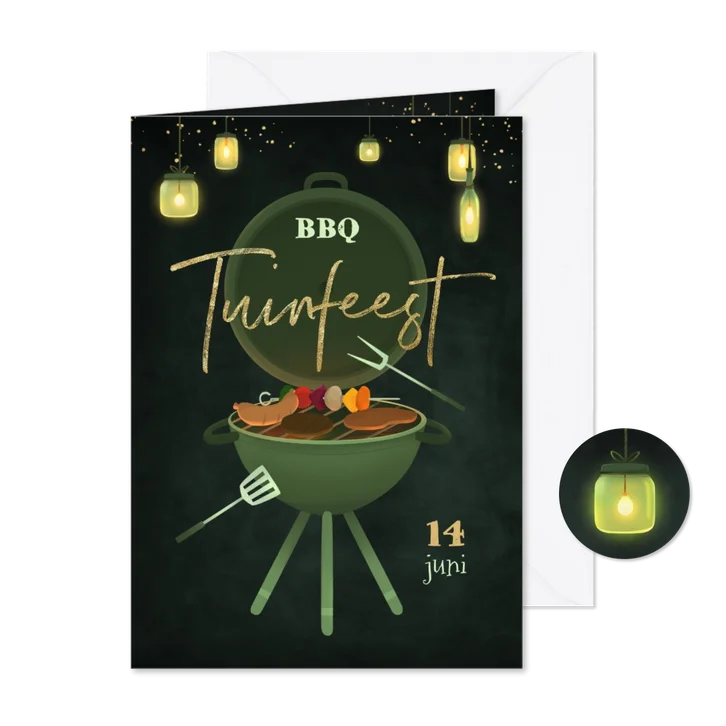 Uitnodiging tuinfeest BBQ lampjes krijtbord gezellig