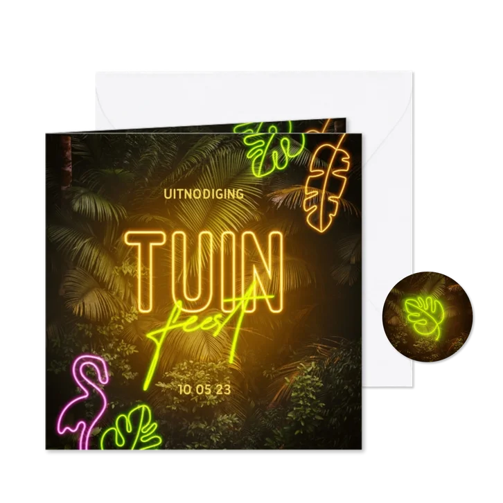 Uitnodiging tuinfeest botanisch met neon tekst