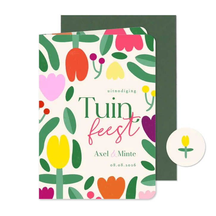 Uitnodiging tuinfeest kleurige tulpen moderne bloemen