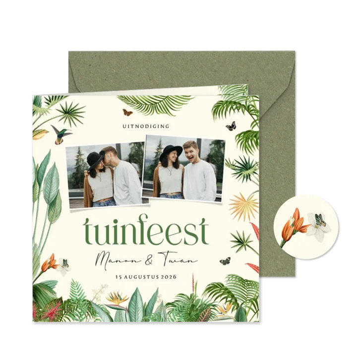 Uitnodiging tuinfeest met tropische planten en foto's