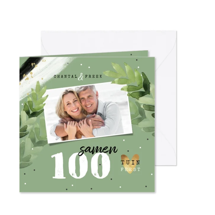 Uitnodiging tuinfeest samen 100 groen foto confetti