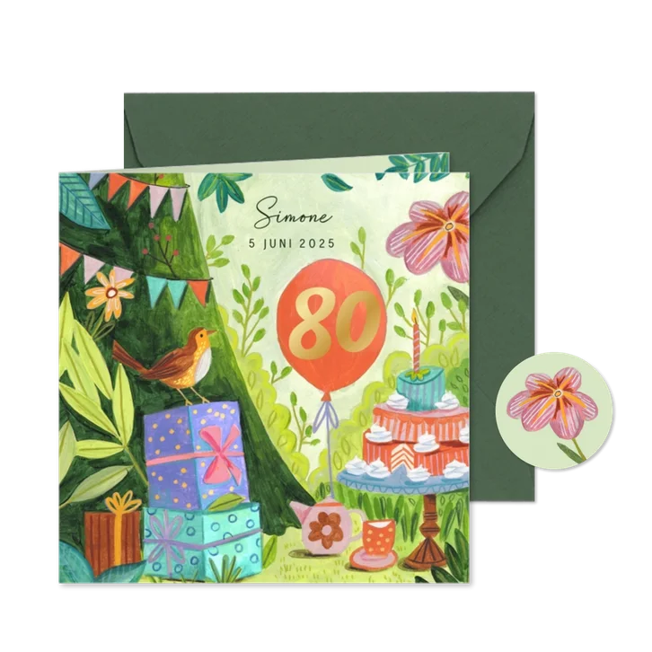 Uitnodiging tuinfeest taart en cadeautjes