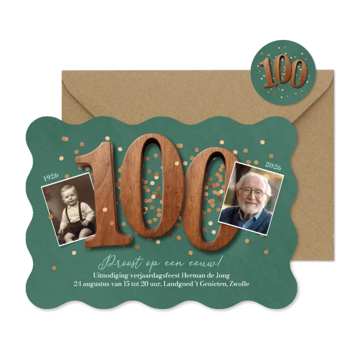 Uitnodiging verjaardag 100 eeuw oud vintage houten cijfers