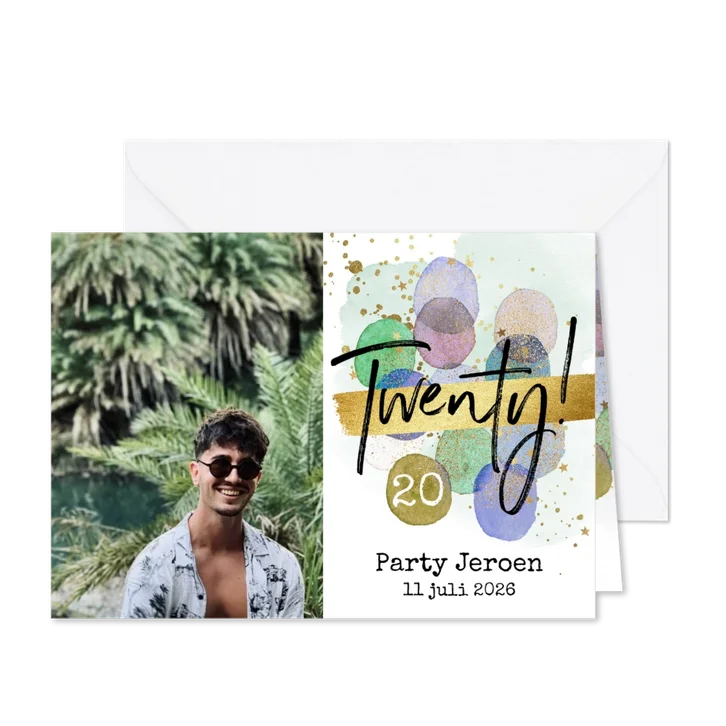 Uitnodiging verjaardag 20 ballonnen watercolor foto goud