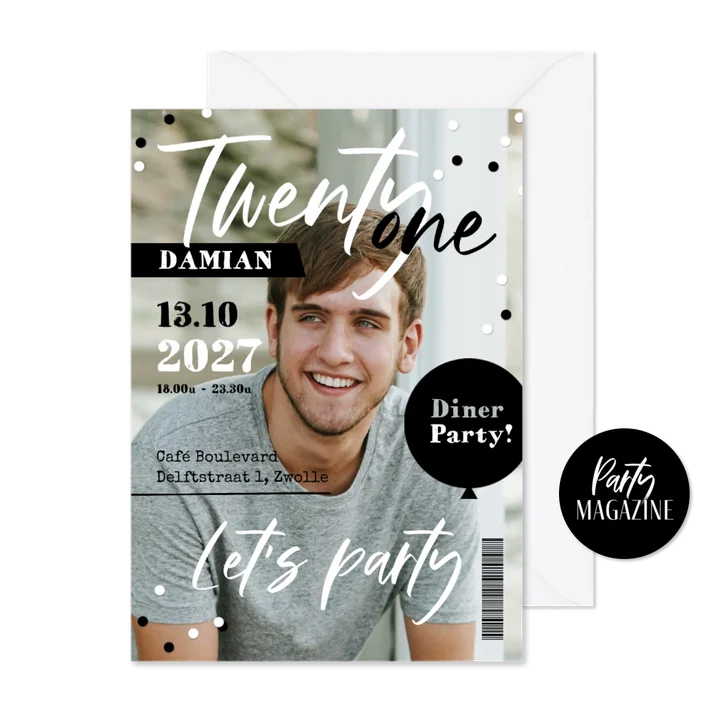 Uitnodiging verjaardag 21 diner party magazine cover