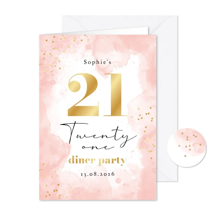 Uitnodiging verjaardag 21 diner waterverf roze goud confetti