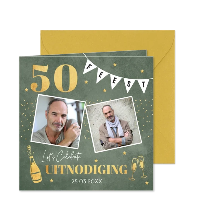 Uitnodiging verjaardag 50 jaar foto groen man goudlook