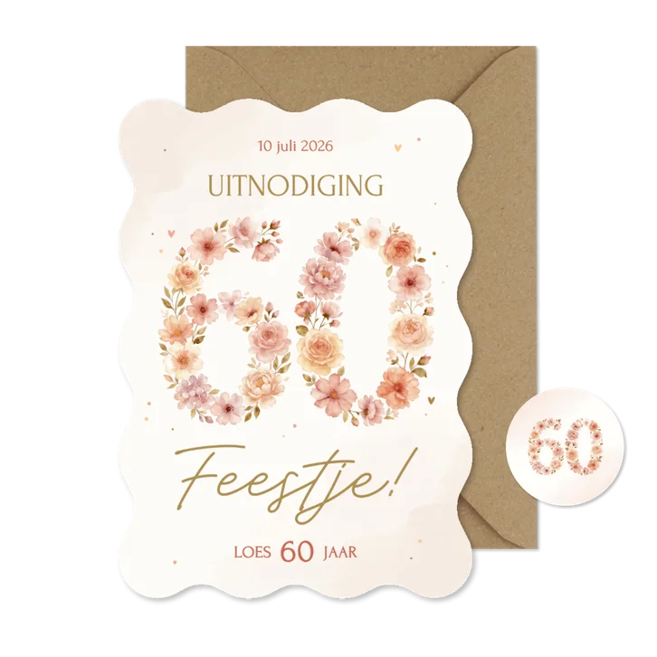 Uitnodiging verjaardag 60 in beige bloemen golvende rand