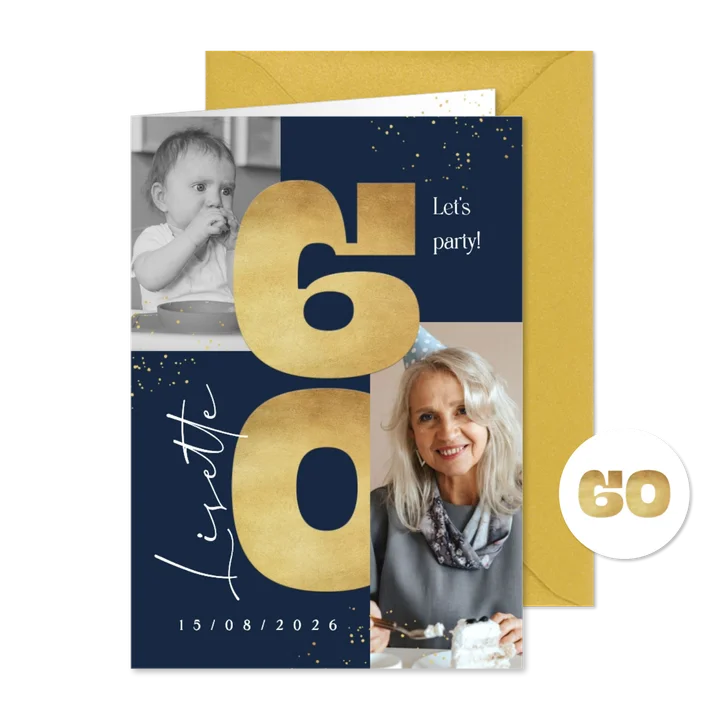 Uitnodiging verjaardag 60 jaar goud foto confetti